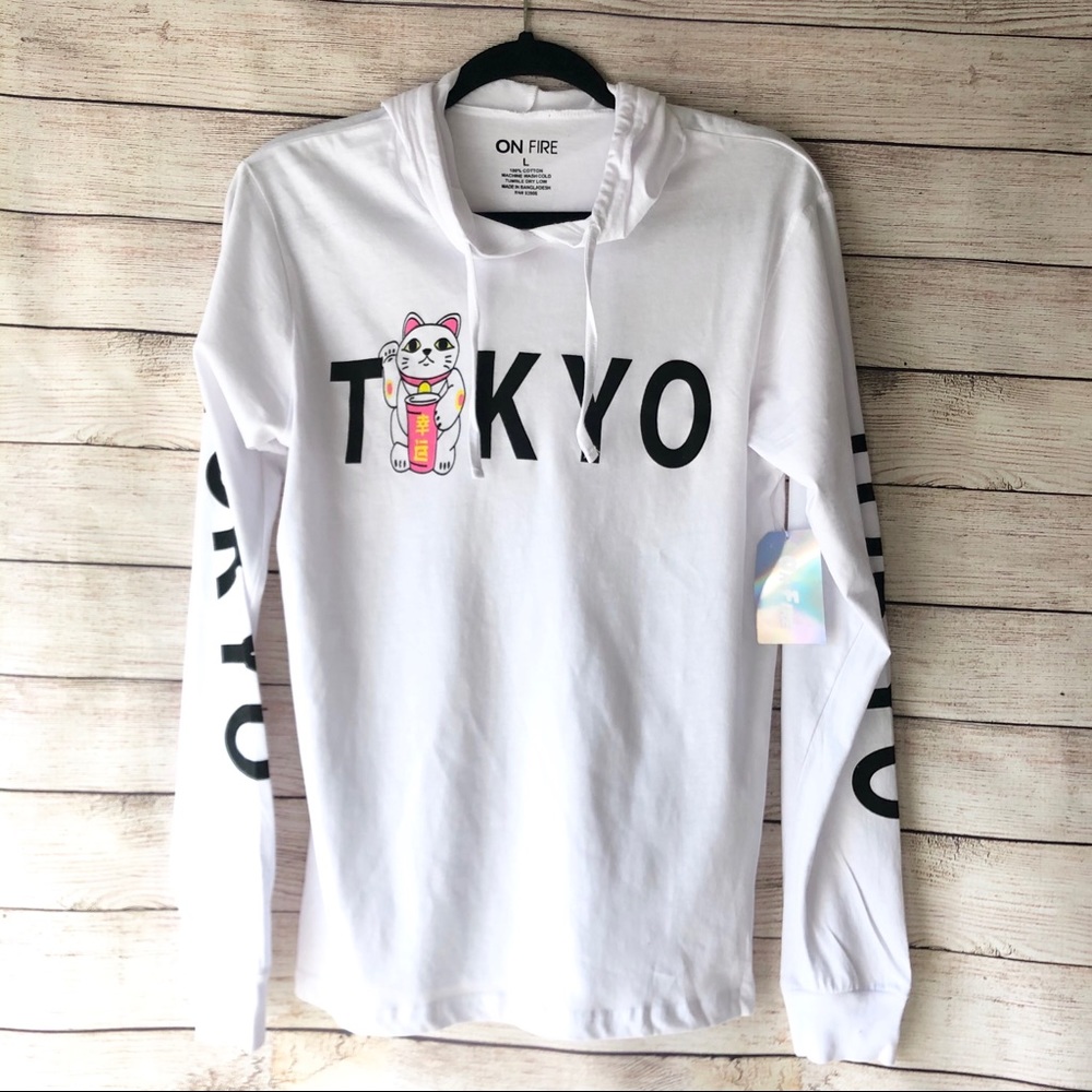 Tokyo Lucky Cat Graphic Hood Long Sleeve Tee